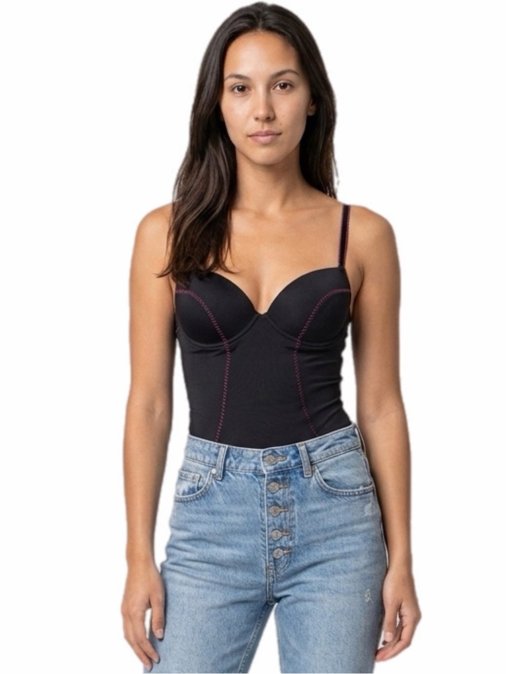 90s/Y2K European Vintage Push Up Shapewear Thong Bodysuit Black/Fuchsia Size 8/M